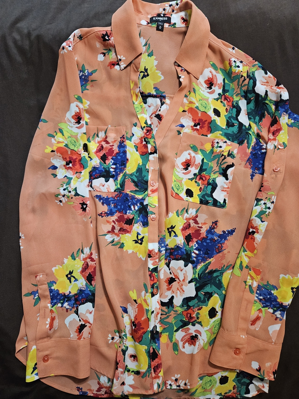 Express Womens Peach Floral Button-Down Shirt